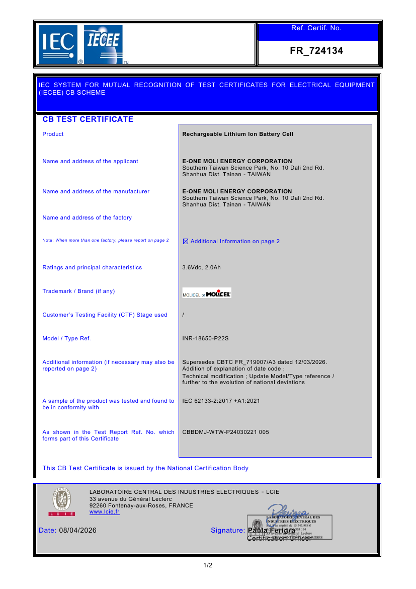 Molicel INR-18650-P22S CB test certificate preview